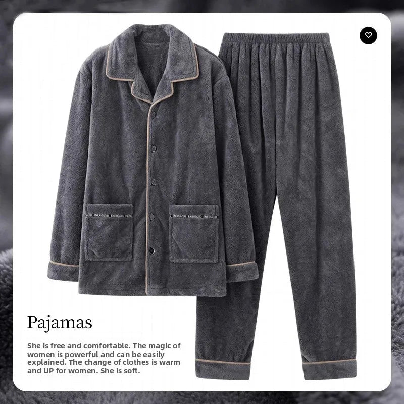 Men's Winter Thickened Fleece Pajamas Coral Velvet Home Clothes Set New Style Long Sleeve Stand Collar Couple's Outfit