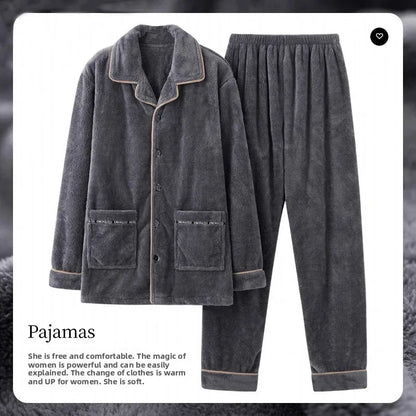 Men's Winter Thickened Fleece Pajamas Coral Velvet Home Clothes Set New Style Long Sleeve Stand Collar Couple's Outfit