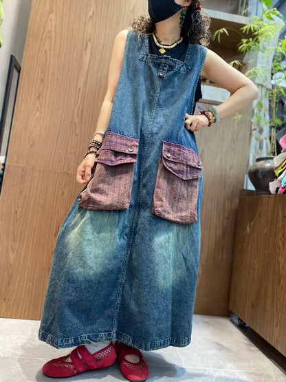 Color-blocked Large Pocket Denim Dress Women Sleeveless Suspender Tank Dress XY326