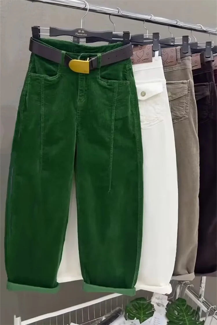 High Waist Cotton Corduroy Harlan Pants Slim Fit Casual Nine Point Knife  Straight Leg Crop Leisure Long Trousers