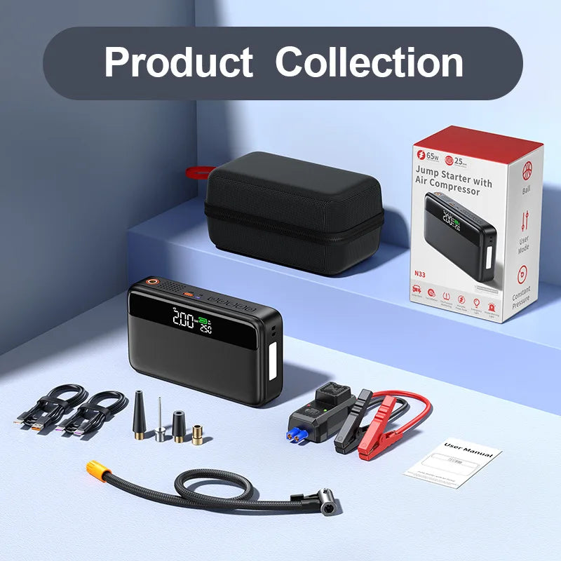 10000 mAh Car Battery Starter&Tire Inflator 12V Booster 65W Fast Charging Emergency Jump Starter LED Light Powerbank Compressor
