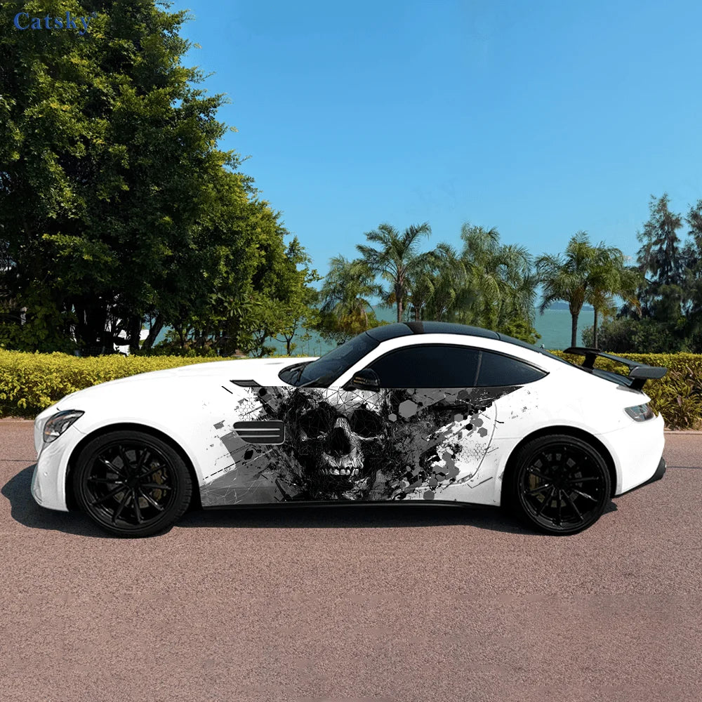 Striped Digital Pixel Skull Splash Car Side Sticker Decor,PVC Waterproof Scratch Resistant Decal,Car Protection,Auto Accessories