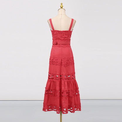 TWOTWINSTYLE Solid Hollow Out Elegant Dresses for Women Square Neck Sleeveless Patchwork Lace Dress Female Fashion Clothing New