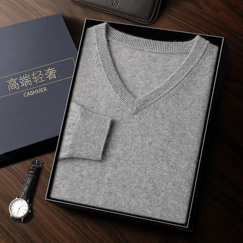 100% Cashmere Sweater Men's V-Neck Knit Pullover 2025 Spring/Autumn New Solid Color Long Sleeved Tops Business Casual Menswear