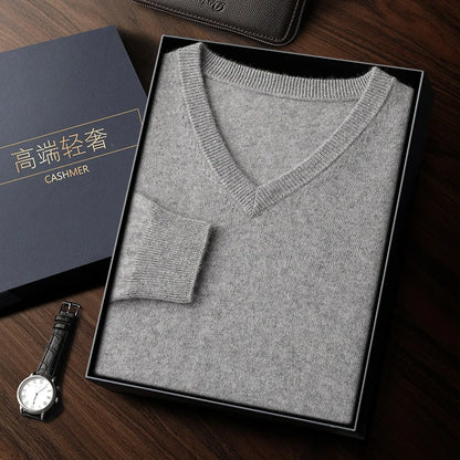 100% Cashmere Sweater Men's V-Neck Knit Pullover 2025 Spring/Autumn New Solid Color Long Sleeved Tops Business Casual Menswear
