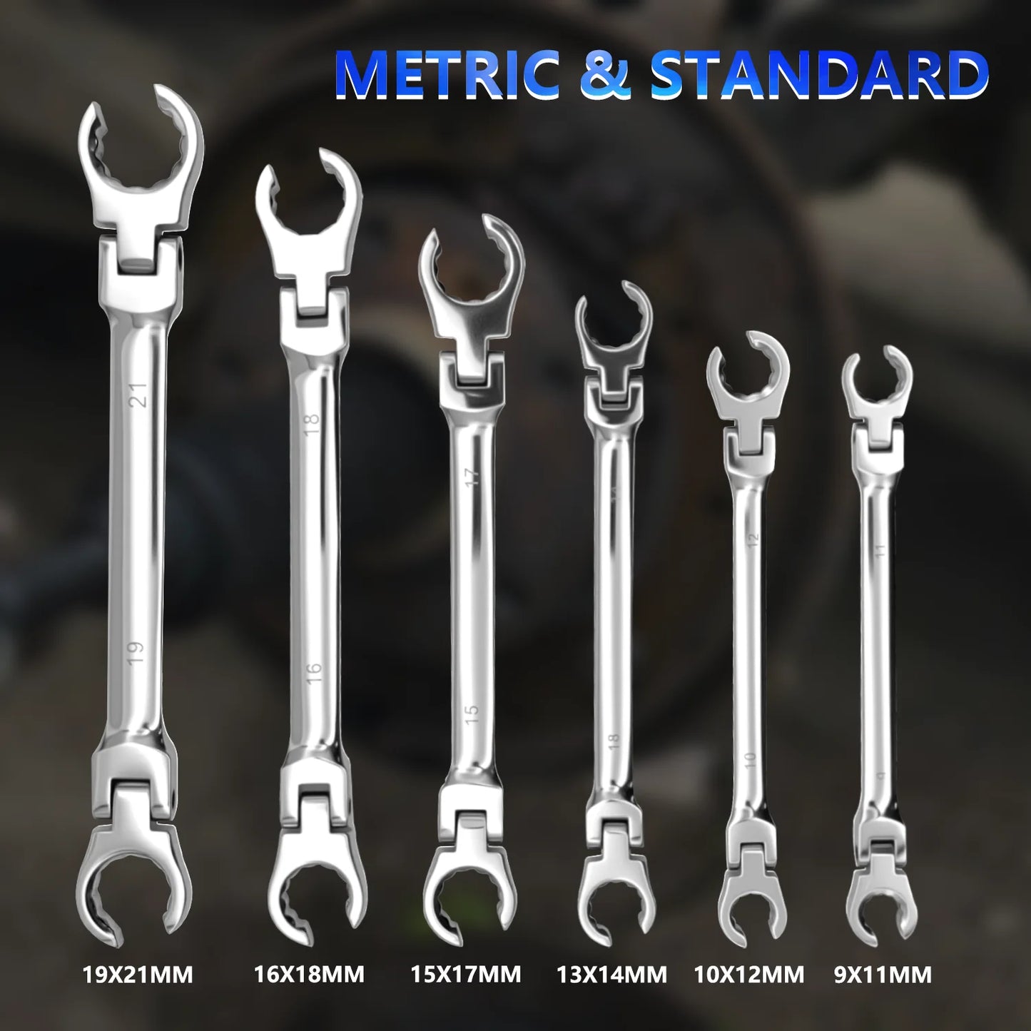 6-Piece Flexible Flare Nut Wrench Set, 9mm - 21mm, Metric Flexible Head Ratchet Wrench, Auto Repair Combo