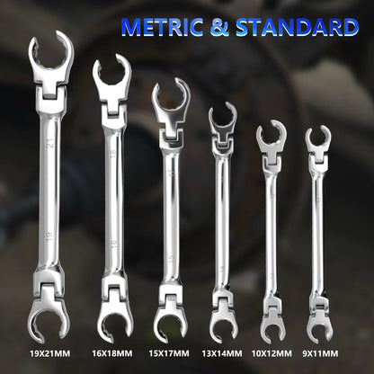 6-Piece Flexible Flare Nut Wrench Set, 9mm - 21mm, Metric Flexible Head Ratchet Wrench, Auto Repair Combo