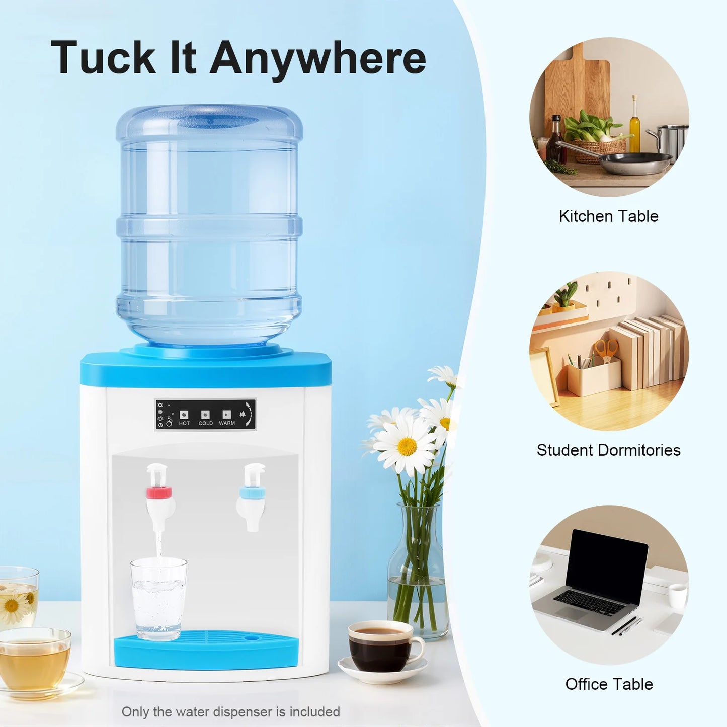 White Blue Top Loading 3 Temperatures Water Dispenser Hot Cold Normal Water Cooler 550W 110V US Plug PP Stainless Steel Desktop Freestanding Drinking Machine 5L/H Hot 0.7L/H Cold Fit 4.5-18.9L 1.1-4.9Gallon Water Bottle