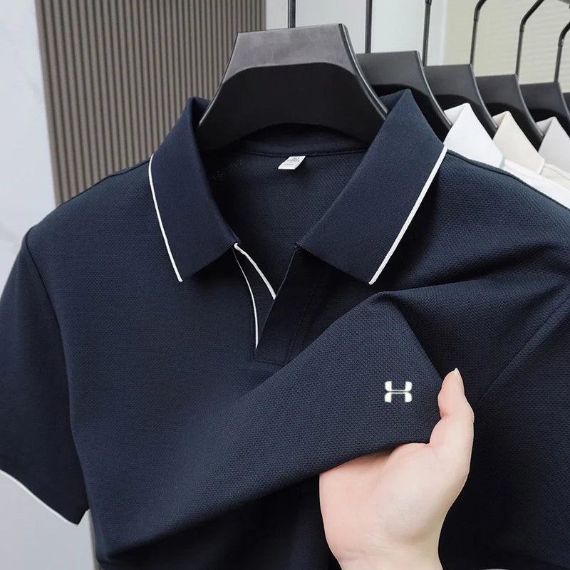 New Summer Men Striped Trim Collar Polo Shirt, Solid Quick Dry Breathable Plain Short Sleeve Top Mens Apparel