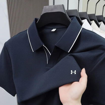 New Summer Men Striped Trim Collar Polo Shirt, Solid Quick Dry Breathable Plain Short Sleeve Top Mens Apparel