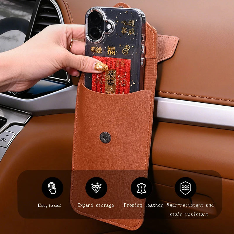 Universal Multi-Use Car Storage Bag with Shoulder Strap, Stick-On, Premium Leather, For Dashboard, Door, Seat Back