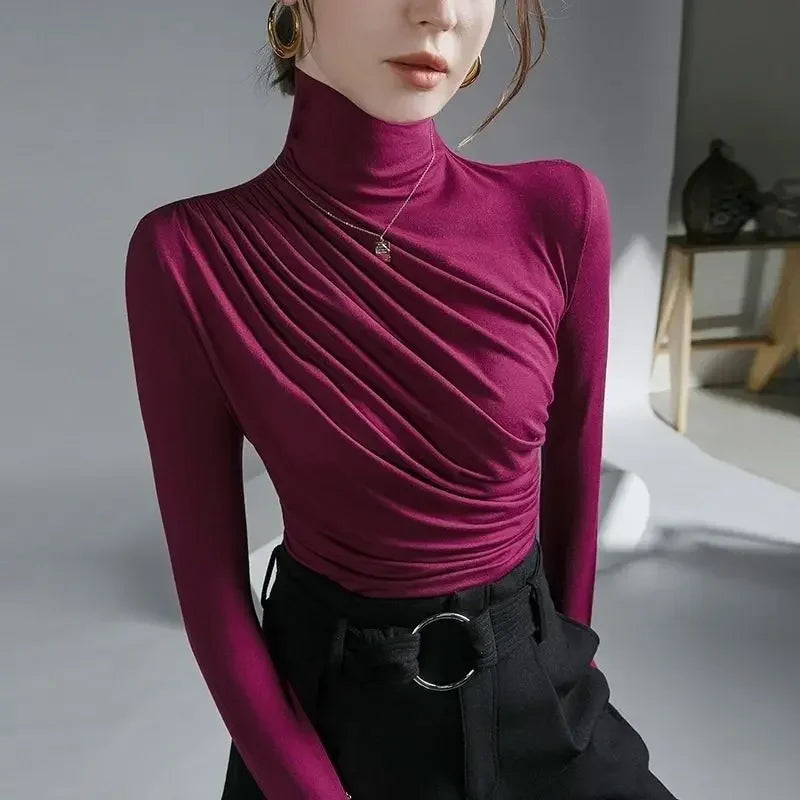 Pleated Stretch T-shirt New Spring Autumn Turtleneck Bottoming Pullover Women's Casual Elegant Basic Top Shirts Harajuku Gothic