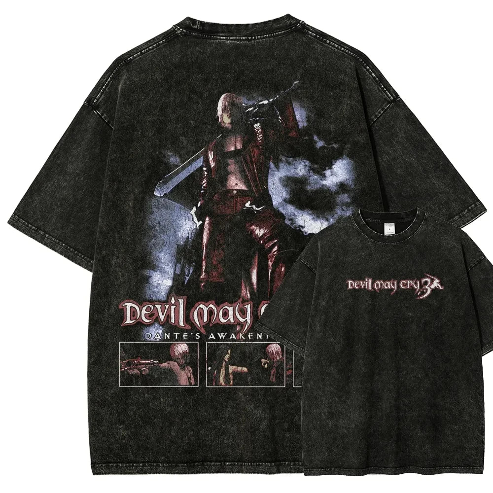 Classic Retro Game Devil May Cry Hot Sale Peripherals Print T-shirt Men Women New Streetwear Style Tee Vintage Washed Cotton Top