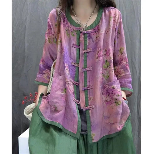 Artistic Print Ethnic Design Retro round Neck Button up Casual Loose Sun Protection Shirt Women Summer Comfortable Versatile