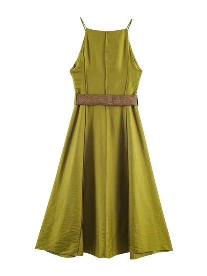 Spring Summer New Arrival Women's Long Line Stitch Decoration Collar Belted Midi Strap Dress Casual High Waist Polyester Fibe...