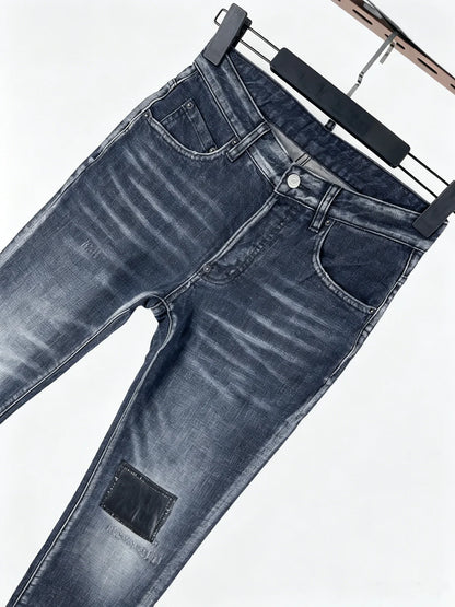 6029 Four Seasons New Men's Washed Ripped Patch Old Slim Fit Feet Black Jeans for Men