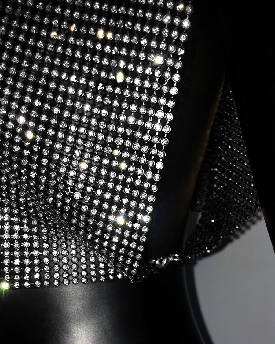Shiny Rhinestone Metal Sequins Crop Tops Summer Women Sexy Round Neck Handmade Camisole Nightclub Party Club Tank Tops