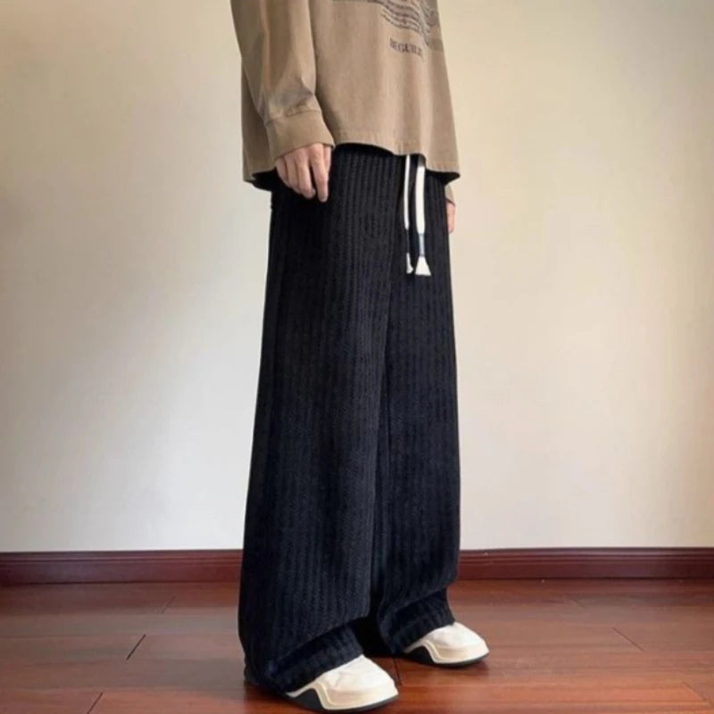 Soft Knit Casual Joggers for Men Plaid Style Stripe Design Loose Fit Sports Pants Warm for Fall Winter