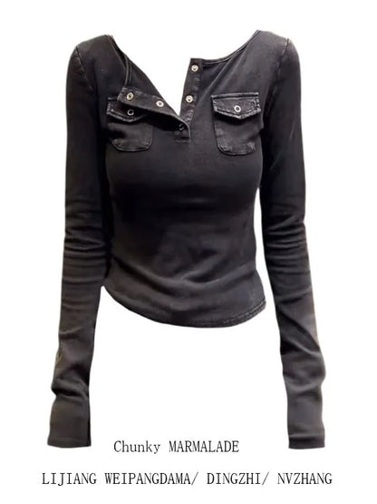 plus Size American Style V-Neck Long Sleeve Women's T-Shirt Slim Fit Base Layer Shirt Autumn New Style Pocket Design Top
