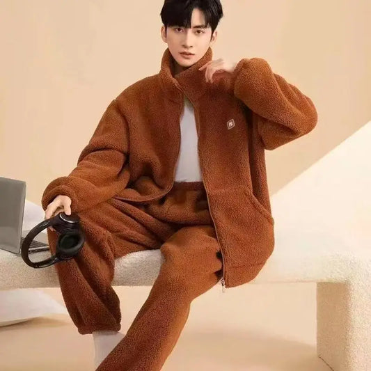 Winter Men's Pajamas Coral Fleece Comfortable Casual Indoor Home Wear Thickened Zipper Thermal Cardigan Pajamas 2 Piece Sets