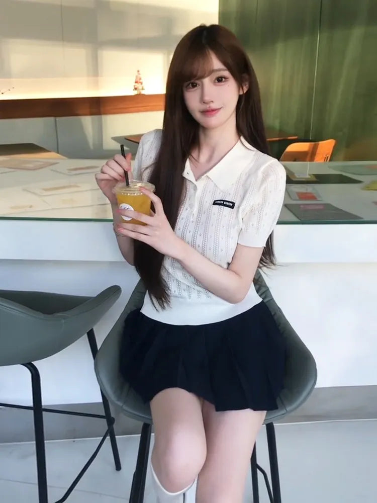 Miu Series White Knitted  Shirt Ice Silk Short Sleeve Turn-down Collar Slimming Effect Summer T-shirt for Women Korean Style
