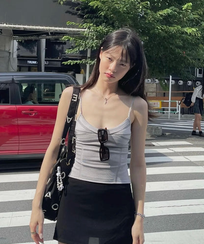 Tankair Basic Silver Grey Green Shiny Knitted Elastic Strap Vest Women's Fashion Summer Short Length  Color Casual Wear
