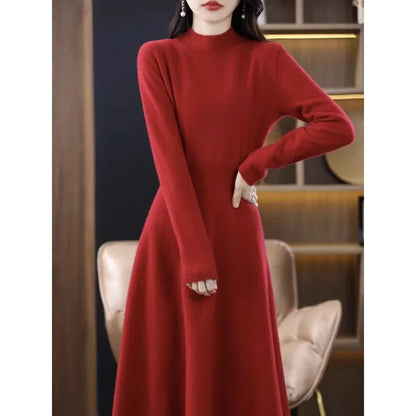 Women's Wool Knitted Mid-Length A-Line Dress Half High Collar Cashmere Base Dress Korean Style Commute Pure Color Winter Fashion