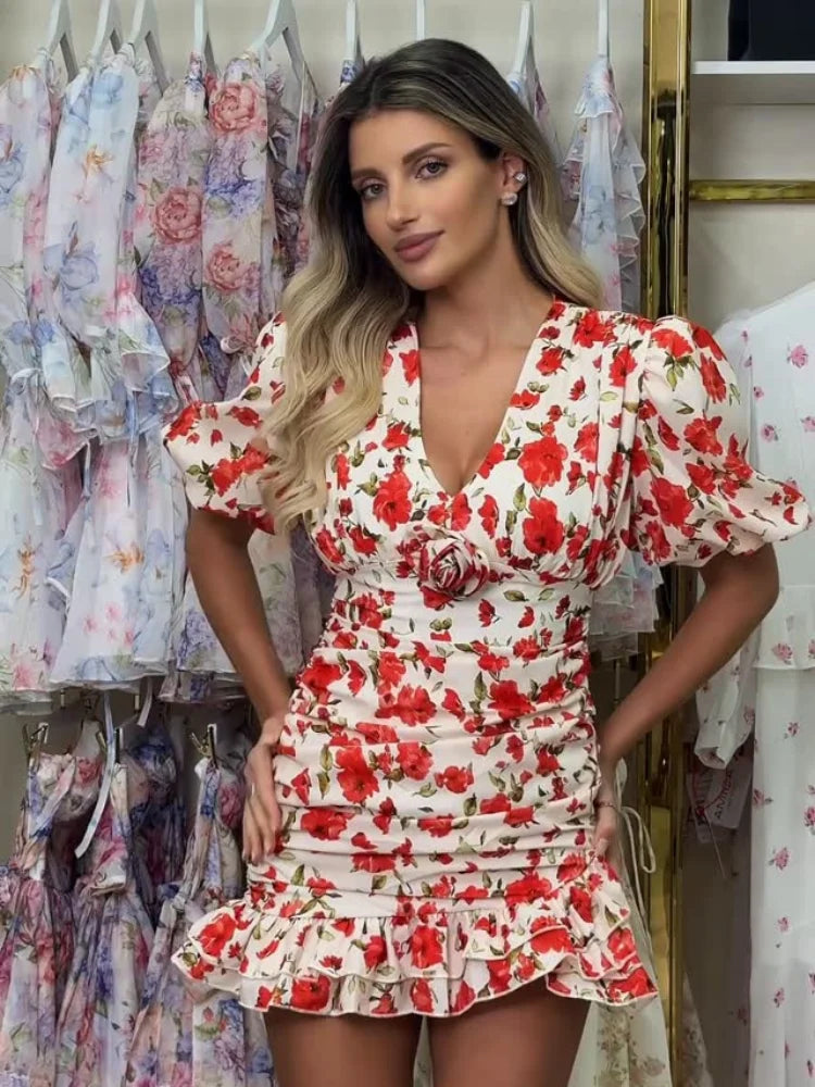 Chic Deep V-neck Floral Print Sheer Full Sleeve Women Dress Elegant Ruffle Hem Waist-cinching Slim Fit Dresses 2026 Party Wears