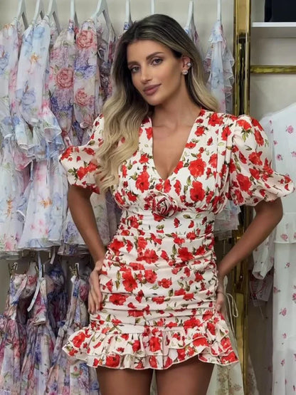 Chic Deep V-neck Floral Print Sheer Full Sleeve Women Dress Elegant Ruffle Hem Waist-cinching Slim Fit Dresses 2026 Party Wears