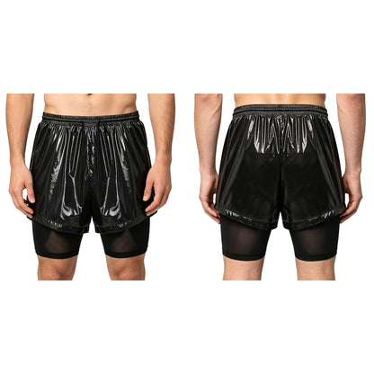 Men Oil Glossy Cargo Shorts Waterproof Elastic Waist Band Multi-pocket Zipper Overalls Capri Pants Dance Clubwear Beach Swimwear