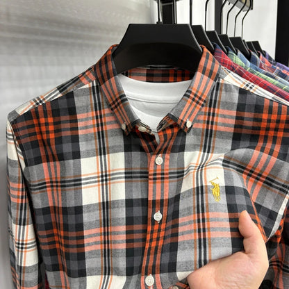 American-style Plaid Long-sleeve Shirt for Men, Pure Cotton Casual Trendy Brand Embroidered Red Shirt Top for Spring and Autumn