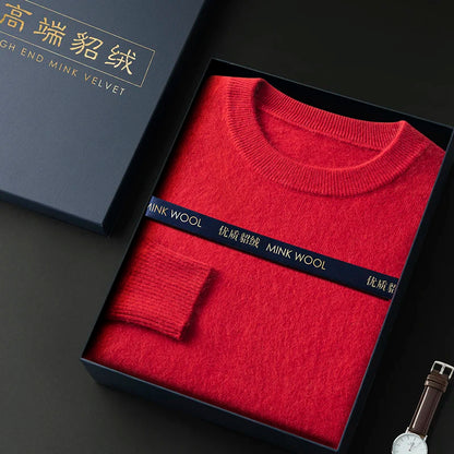 100% Pure Mink Cashmere Men's Round Neck Sweater For Autumn Winter, Casual Knitted Long Sleeved Pullover Sweater Men's Clothng