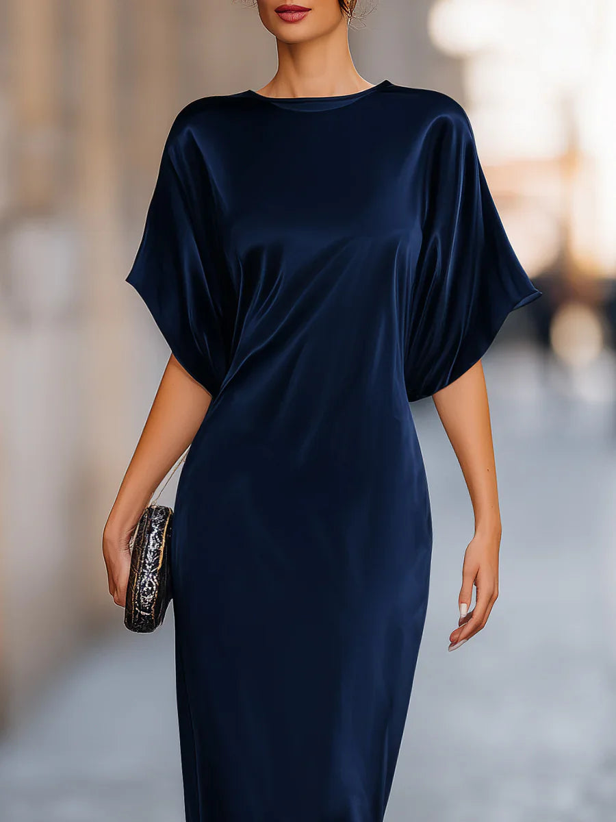 Women's Satin Maxi Dress Short Batwing Sleeve Elegant Evening Gown Flowy Party Dress Casual Formal Wear