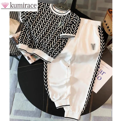 Fashion Suit Women's Summer New Item, High-end Feeling, Age Reducing Short Sleeved Casual Leg Tied Pants Two-piece Set Pant Sets