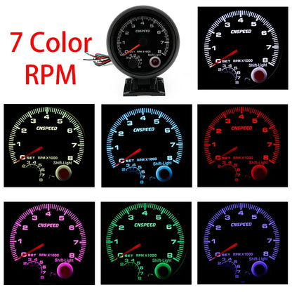 12V Tachometer Gauge 3.75'' Car Universal Black Tachometer Gauge 7color Inter Shift Light 0-8000 RPM Fit 4 6 8 Cylinder