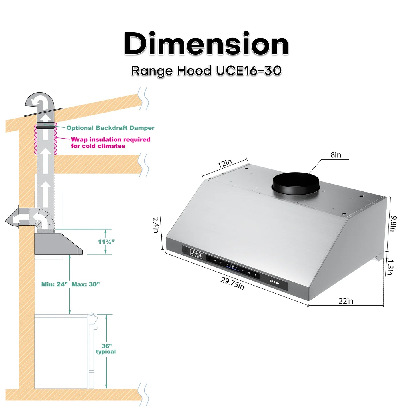 BRANO Under Cabinet Range Hood 30 Inch, 1200 CFM DC Motor Kitchen Hood with 6 Speeds Fan, Stainless Steel Ducted Vent Hood