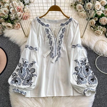 Bohemian Vacation Style Women's Shirt round Neck Lantern Sleeve Embroidery Heavy Work Autumn Design Sense Knot Design Top