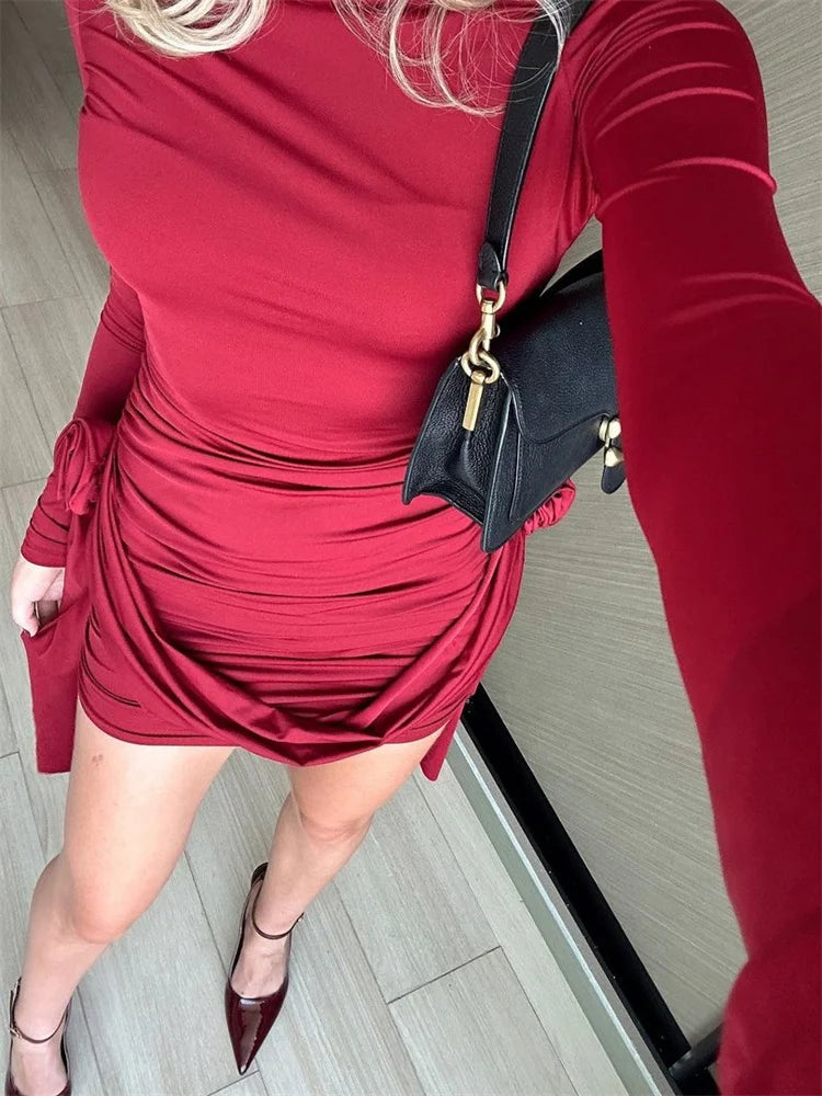 Tossy Floral Fashion Pleated Mini Dress For Women Slim High Waist Solid Casual Autumn 2024 Sexy Dress Female Bodycon Dress New