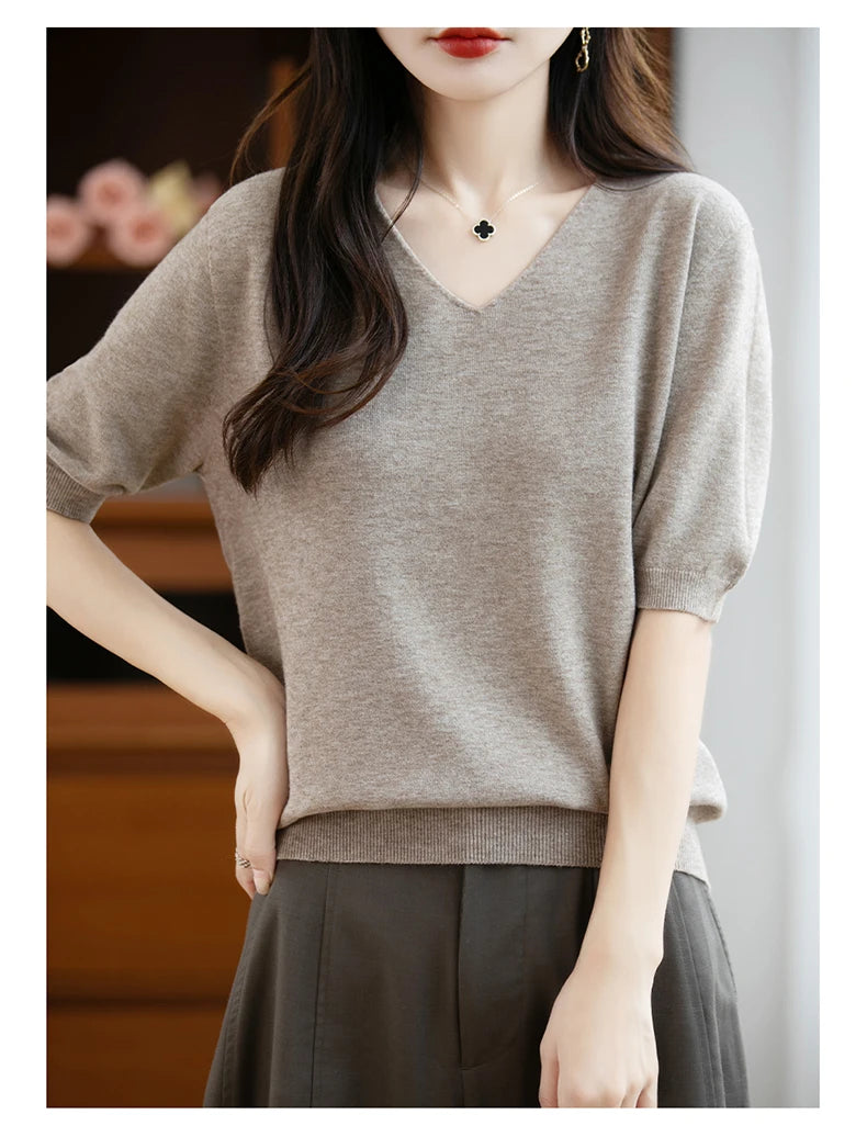 Thin Worsted Wool Short-Sleeved Women's Loose Round Neck T-shirt Printed Summer Fashion Knitted Bottoming Shirt Half-Sleeved