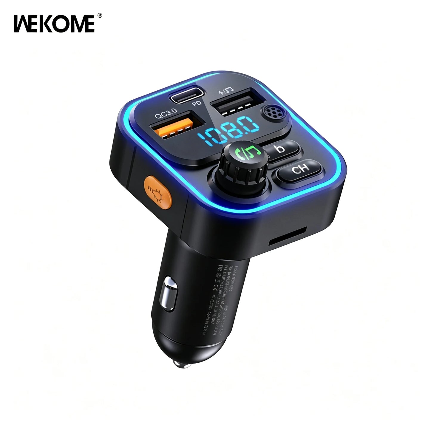 WEKOME Dual USB Fast Charging 7 Color LED Atmosphere Light Bluetooth Hands Free Car FM Transmitter with U Disk TF Card Playback