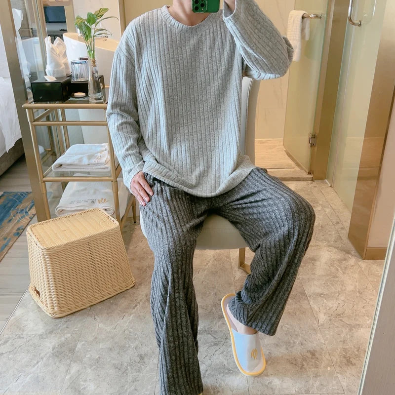 Grey Knitted Fleece Lined Long Sleeve Sleepwear Set for Men Autumn Winter Warm Home Clothes Set Large Size Comfortable Leisure