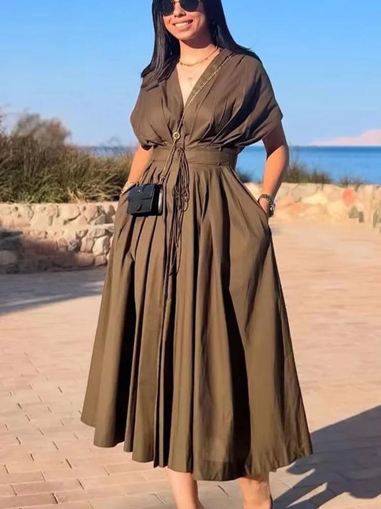 HH Women's Summer Fashion V-neck Lace-up Midi Short Sleeve Dress Female Elegant Backless Pleated Sexy Waist Long Dress