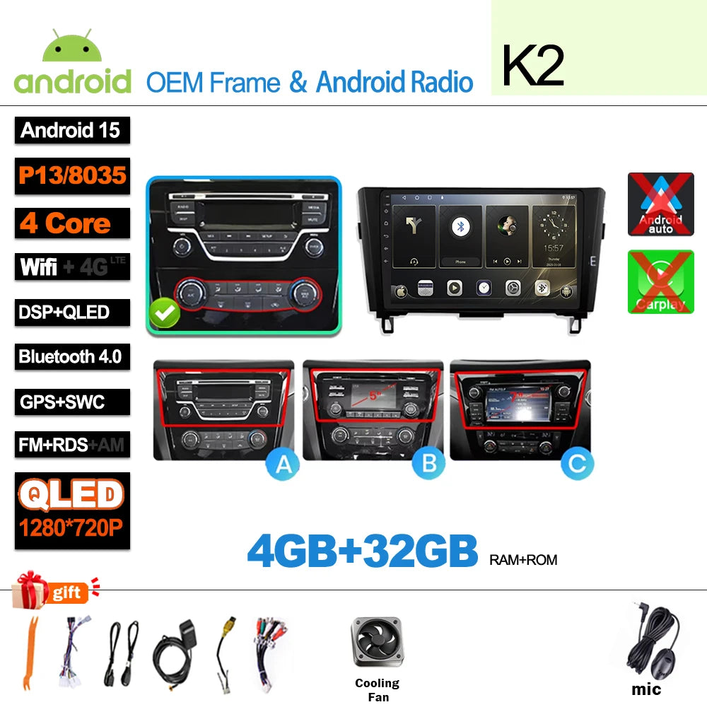 Car Radio For Nissan X-Trail Qashqai 2 J1T32 Qashqai J10 J11 2014 2015 2016 2017 2018 2019  Wireless WIFI GPS Carplay Auto DVD