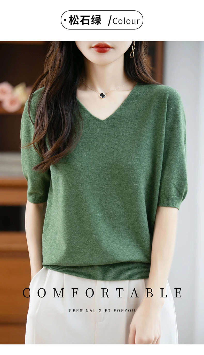 Thin Worsted Wool Short-Sleeved Women's Loose Round Neck T-shirt Printed Summer Fashion Knitted Bottoming Shirt Half-Sleeved