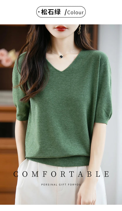Thin Worsted Wool Short-Sleeved Women's Loose Round Neck T-shirt Printed Summer Fashion Knitted Bottoming Shirt Half-Sleeved
