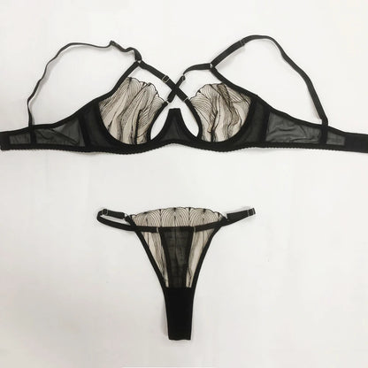Women Sexy See Through Lace Bra Set Elegant Perspective Micro Bikini Thong Set French Style Ultra-thin Underwear Bra Panty Sets