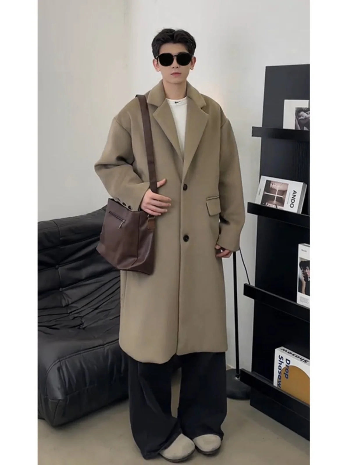 Thickened Mid-Length Woolen Men's Coat Black Intellectual Style Korean British Fashion Winter Outerwear Warm Long Sleeve Coat