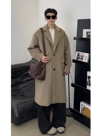Thickened Mid-Length Woolen Men's Coat Black Intellectual Style Korean British Fashion Winter Outerwear Warm Long Sleeve Coat