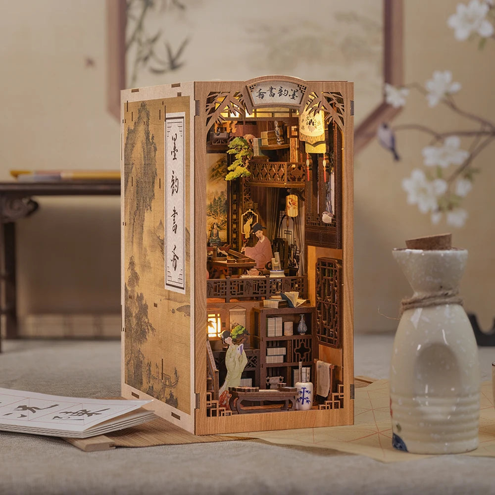 CUTEBEE Book Nook Dollhouse Kit With Touch Light Dust Cover DIY Miniature Doll House Toys For Birthday Gifts Ink Rhyme Bookstore