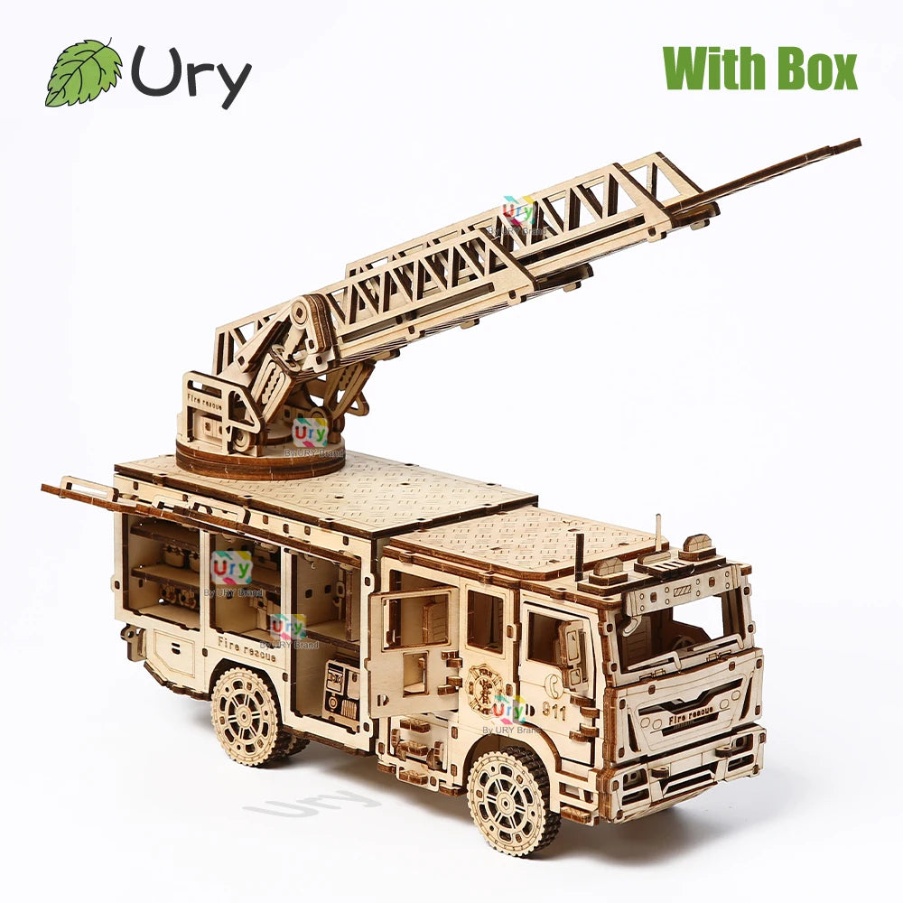 Ury 3D Wooden Puzzle City Series Car Fire Ladder Truck Movable Retro Vehicle Assembly Model DIY Decoration Gift